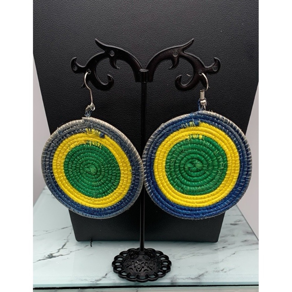 Vintage African Style Tricolor Basket Weave / Woven Dangle Earrings Ethnic
